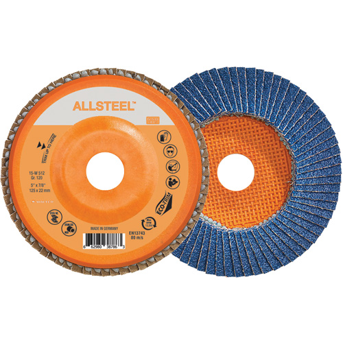 AllSteel Flap Disc, 5" x 7/8", Type 27, 120 Grit, Zirconia Alumina Kelford