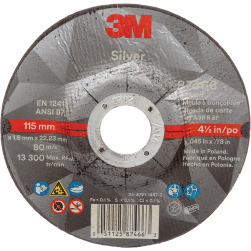 Silver Cut-Off Wheel, 4-1/2" x 0.045", 7/8" Arbor, Type 27, Ceramic, 13300 RPM Kelford
