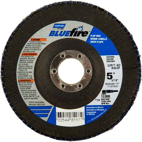 BlueFire Flap Disc, 5" x 7/8", Type 29, 36 Grit, Zirconia Alumina Kelford