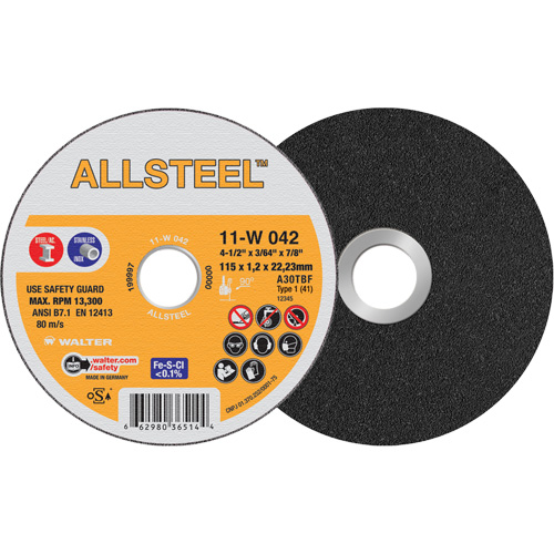 AllSteel Cut-Off Wheel, 4-1/2" x 3/64", 7/8" Arbor, Type 1, Aluminum Oxide, 13300 RPM Kelford