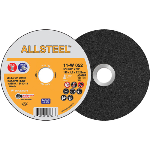 AllSteel Cut-Off Wheel, 5" x 3/64", 7/8" Arbor, Type 1, Aluminum Oxide, 12250 RPM Kelford