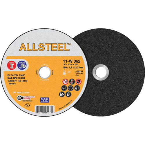 AllSteel Cut-Off Wheel, 6" x 1/16", 7/8" Arbor, Type 1, Aluminum Oxide, 10200 RPM Kelford