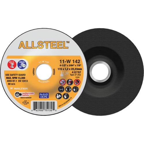 AllSteel Cut-Off Wheel, 4-1/2" x 3/64", 7/8" Arbor, Type 27, Aluminum Oxide, 13300 RPM Kelford