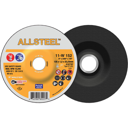AllSteel Cut-Off Wheel, 5" x 3/64", 7/8" Arbor, Type 27, Aluminum Oxide, 12250 RPM Kelford