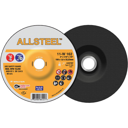 AllSteel Cut-Off Wheel, 6" x 1/16", 7/8" Arbor, Type 27, Aluminum Oxide, 10200 RPM Kelford
