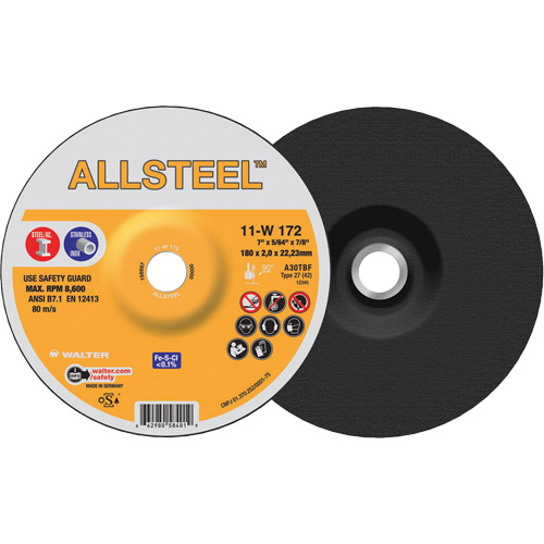 AllSteel Cut-Off Wheel, 7" x 5/64", 7/8" Arbor, Type 27, Aluminum Oxide, 8500 RPM Kelford