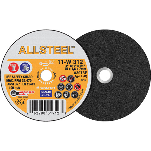 AllSteel Mini Cut-Off Wheel, 3" x 1/16", 1/4" Arbor, Type 1, Aluminum Oxide, 25470 RPM Kelford