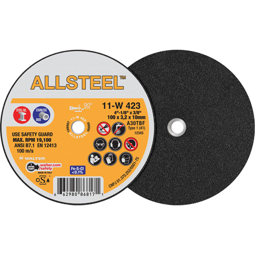 AllSteel Mini Cut-Off Wheel, 4" x 1/8", 3/8" Arbor, Type 1, Aluminum Oxide, 19100 RPM Kelford