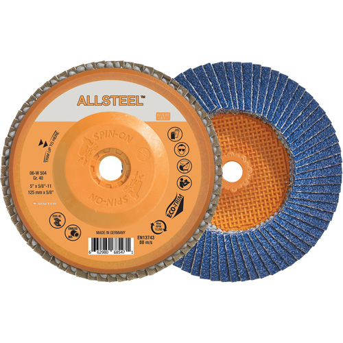 AllSteel Flap Disc, 5" x 5/8"-11, Type 27, 40 Grit, Zirconia Alumina Kelford