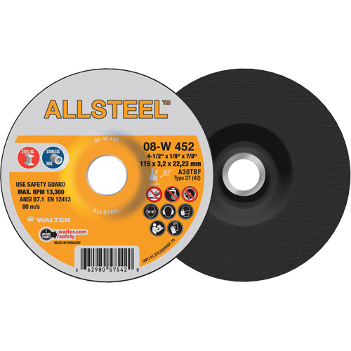 AllSteel Grinding Wheel, 4-1/2" x 1/8", 7/8" Arbor, Aluminum Oxide, Type 27 Kelford