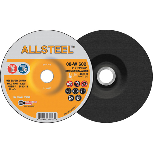 AllSteel Grinding Wheel, 6" x 1/8", 7/8" Arbor, Aluminum Oxide, Type 27 Kelford