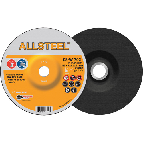 AllSteel Grinding Wheel, 7" x 1/8", 7/8" Arbor, Aluminum Oxide, Type 27 Kelford