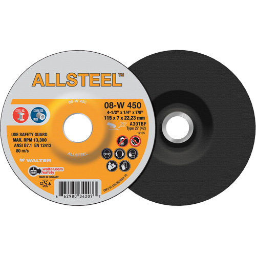 AllSteel Grinding Wheel, 4-1/2" x 1/4", 7/8" Arbor, Aluminum Oxide, Type 27 Kelford