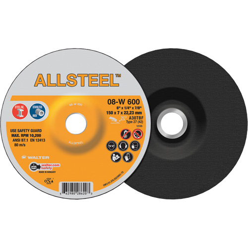 AllSteel Grinding Wheel, 6" x 1/4", 7/8" Arbor, Aluminum Oxide, Type 27 Kelford