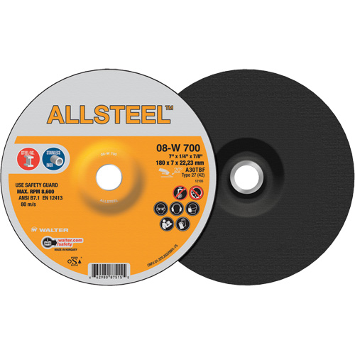 AllSteel Grinding Wheel, 7" x 1/4", 7/8" Arbor, Aluminum Oxide, Type 27 Kelford