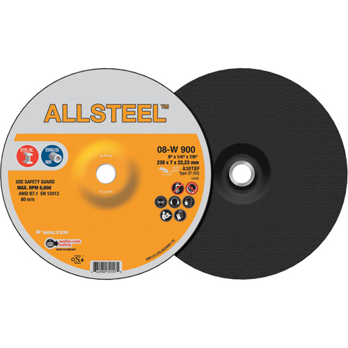 AllSteel Grinding Wheel, 9" x 1/4", 7/8" Arbor, Aluminum Oxide, Type 27 Kelford
