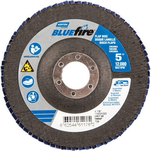 Bluefire Flap Disc, 5" x 7/8", Type 29, 40 Grit, Zirconia Alumina Kelford