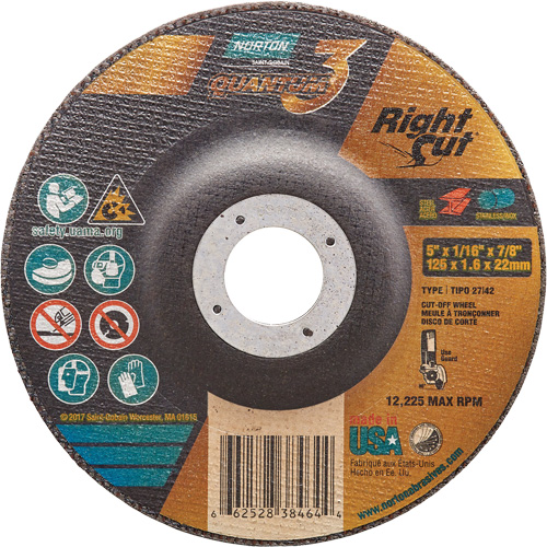 Quantum3 RightCut Cut-Off Wheel, 5" x 1/16", 7/8" Arbor, Type 27/42, Ceramic Alumina, 12225 RPM Kelford