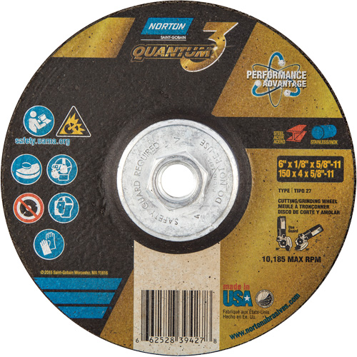 Quantum3 Grinding & Cutting Wheel, 6" x 1/8", 5/8"-11 Arbor, Type 27, 24 Grit, Ceramic Alumina Kelford