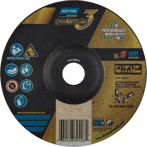 Quantum3 Grinding & Cutting Wheel, 6" x 1/8", 7/8" Arbor, Type 27, 24 Grit, Ceramic Alumina Kelford