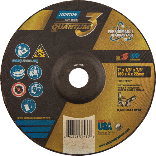 Quantum3 Grinding & Cutting Wheel, 7" x 1/8", 7/8" Arbor, Type 27, 24 Grit, Ceramic Alumina Kelford