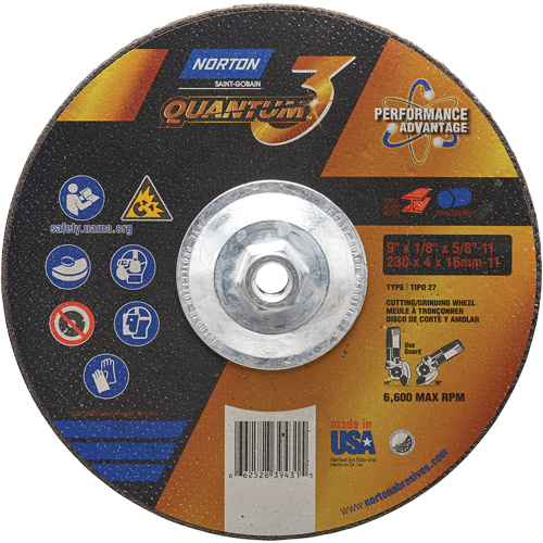 Quantum3 Grinding & Cutting Wheel, 9" x 1/8", 5/8"-11 Arbor, Type 27, 24 Grit, Ceramic Alumina Kelford