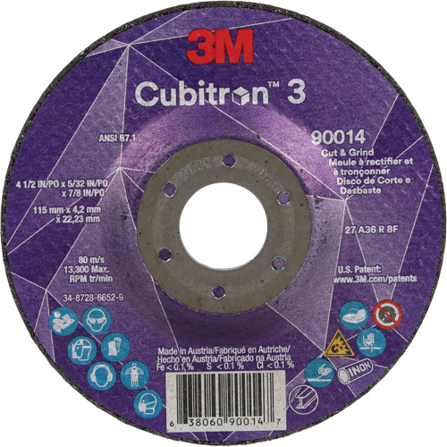 Meule &agrave; couper & tronçonner Cubitron 3, 4-1/2" x 5/32", Arbre de 7/8", Type T27, Grain de 36+, C&eacute;ramique Kelford