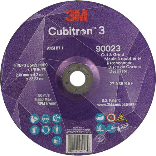 Meule &agrave; couper & tronçonner Cubitron 3, 9" x 5/32", Arbre de 7/8", Type T27, Grain de 36+, C&eacute;ramique Kelford