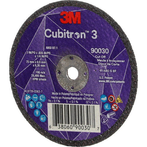 Meule &agrave; tronçonner Cubitron 3, 3" x 0,035", Arbre de 1/4", Type T1, C&eacute;ramique, 21000 Tr/min Kelford