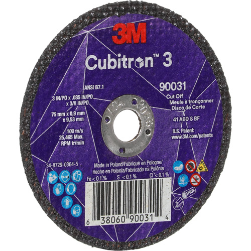 Meule &agrave; tronçonner Cubitron 3, 3" x 0,035", Arbre de 3/8", Type T1, C&eacute;ramique, 21000 Tr/min Kelford