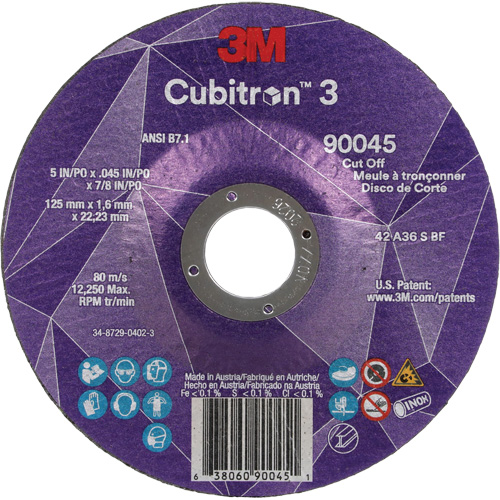 Cubitron 3 Cut-Off Wheel, 5" x 0.045", 7/8" Arbor, Type T27, Ceramic, 12250 RPM Kelford