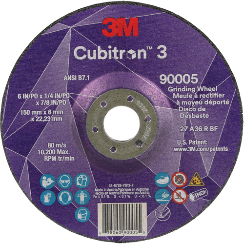 Cubitron 3 Depressed Centre Grinding Wheel, 6" x 1/4", 7/8" Arbor, Ceramic, Type T27 Kelford