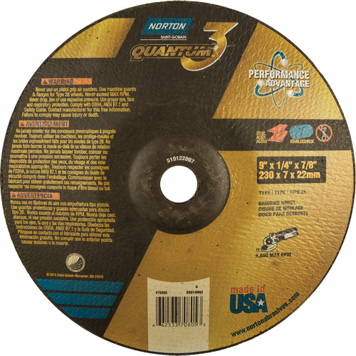 Quantum 3 SG Depressed Center Grinding Wheel, 9" x 1/4", 7/8" Arbor, Type 28, Ceramic, 6600 RPM Kelford