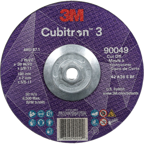 Cubitron 3 Cut-Off Wheel, 7" x 0.09", 5/8"-11 Arbor, Type T27, Ceramic, 8500 RPM Kelford