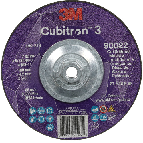 Cubitron 3 Cut and Grind Wheel, 7" x 5/32", 5/8"-11 Arbor, Type 27, 36 Grit, Ceramic Kelford