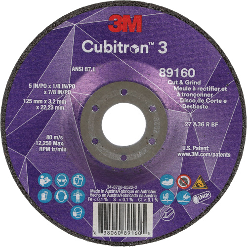 Cubitron 3 Cut and Grind Wheel, 5" x 1/8", 7/8" Arbor, Type 27, 36 Grit, Ceramic Kelford