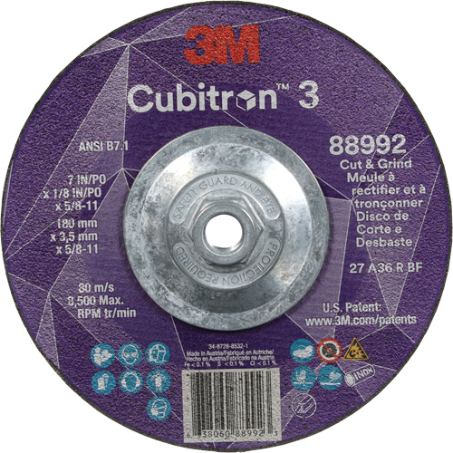 Cubitron 3 Cut and Grind Wheel, 7" x 1/8", 5/8"-11 Arbor, Type 27, 36 Grit, Ceramic Kelford