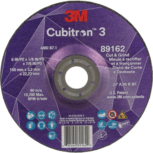 Cubitron 3 Cut and Grind Wheel, 6" x 1/8", 7/8" Arbor, Type 27, 36 Grit, Ceramic Kelford