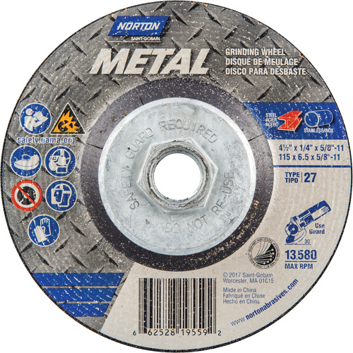 Meule pour le m&eacute;tal, 4-1/2" x 1/4", Arbre 5/8"-11, Oxyde d'aluminium, Type 27 Kelford