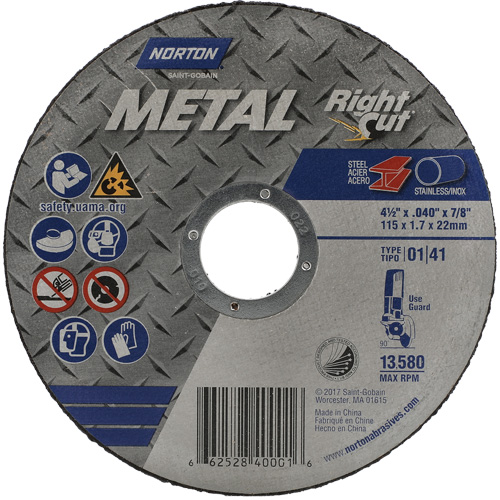 Metal RightCut Right Angle Cut-Off Wheel, 4-1/2" x 0.045", 7/8" Arbor, Type 01/41, Aluminum Oxide, 13580 RPM Kelford
