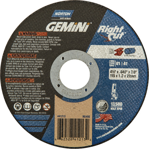Gemini RightCut Right Angle Cut-Off Wheel, 4-1/2" x 0.045", 7/8" Arbor, Type 01/41, Aluminum Oxide, 13580 RPM Kelford
