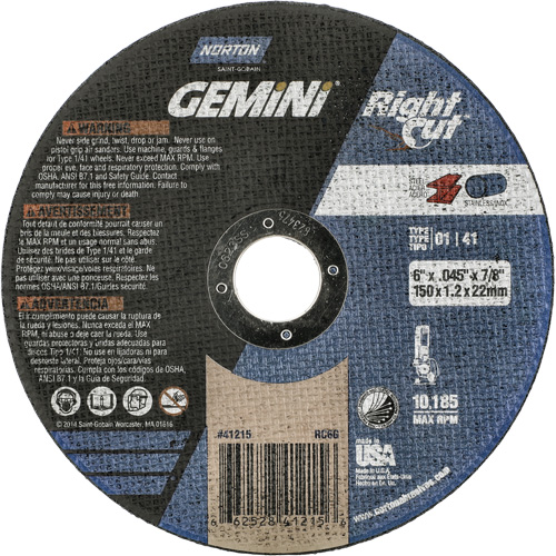 Gemini RightCut Right Angle Cut-Off Wheel, 6" x 0.045", 7/8" Arbor, Type 01/41, Aluminum Oxide, 10185 RPM Kelford