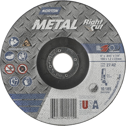 Metal RightCut Right Angle Cut-Off Wheel, 6" x 0.045", 7/8" Arbor, Type 27/42, Aluminum Oxide, 10190 RPM Kelford