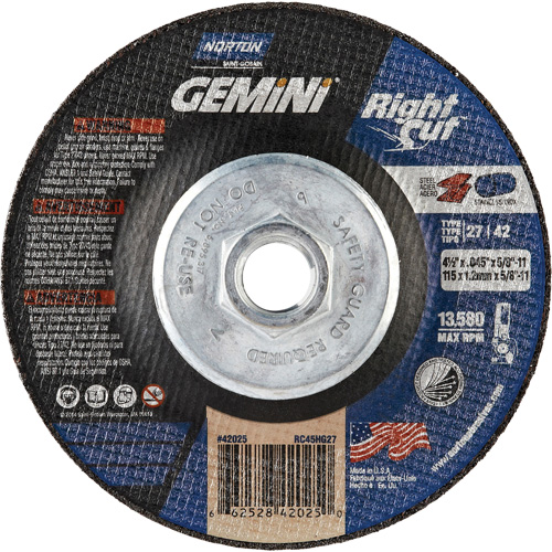 Meule &agrave; tronçonner pour coupe &agrave; angle droit RightCut Gemini, 4-1/2" x 0,045", Arbre de 5/8"-11, Type 27/42, Oxyde d'aluminium, 13580 Tr/min Kelford