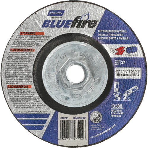 BlueFire Grinding & Cutting Wheel, 4-1/2" x 1/8", 5/8"-11 Arbor, Type 27, Zirconia Alumina Kelford
