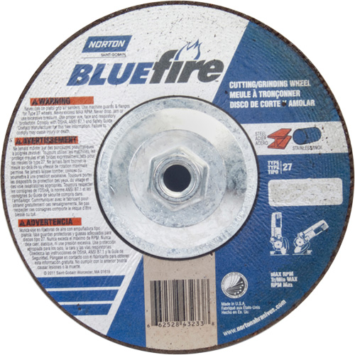 Disque de meulage et tronçonnage BlueFire, 7" x 1/8", Arbre de 5/8"-11, Type 27, Alumine de zirconium Kelford
