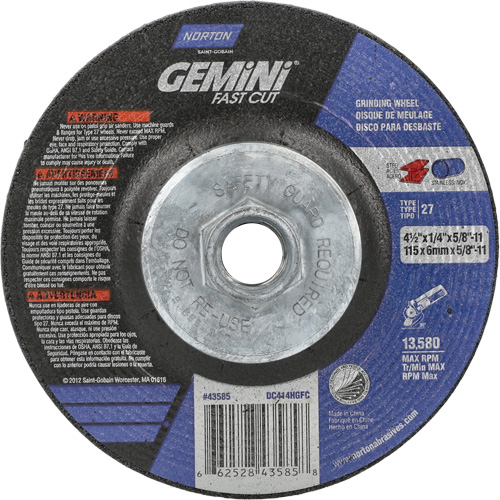 Gemini Grinding Wheel, 4-1/2" x 1/4", 5/8"-11 Arbor, Aluminum Oxide, Type 27 Kelford