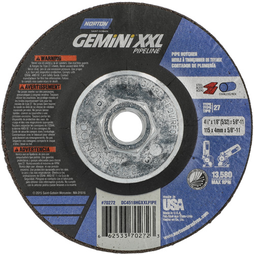 Disque combin&eacute; de meulage et tronçonnage Gemini XXL, 4-1/2" x 1/8", Arbre de 5/8"-11, Type 27, Oxyde d'aluminium Kelford