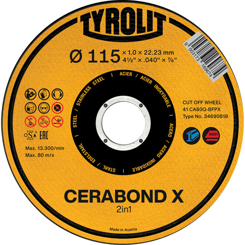 CA60Q-BFPX CERABOND X Cut-Off Wheel, 4-1/2" x 0.039", 7/8" Arbor, Type 1 Kelford