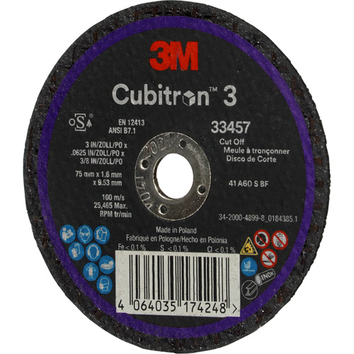 Cubitron 3 Cut-Off Wheel, 3" x 0.063", 3/8" Arbor, Ceramic Kelford